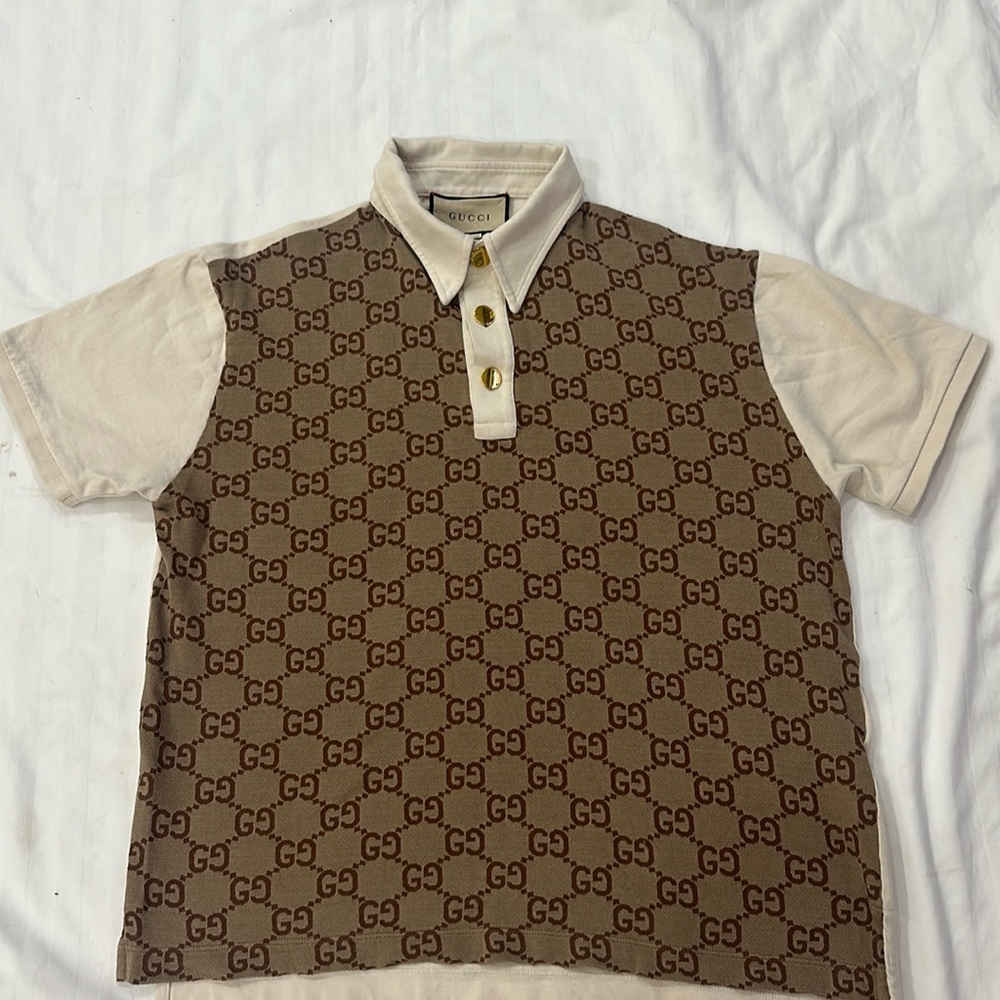 Gucci Beige and Brown Logo Polo Shirt.